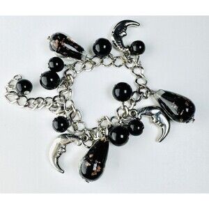 Silver Tone Moon Charm Bracelet Black Gold Art Glass Beads Celestial Theme